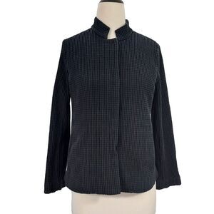 Eileen Fisher Black Waffle Knit Jacket Medium Long Sleeve Pockets Snap Front